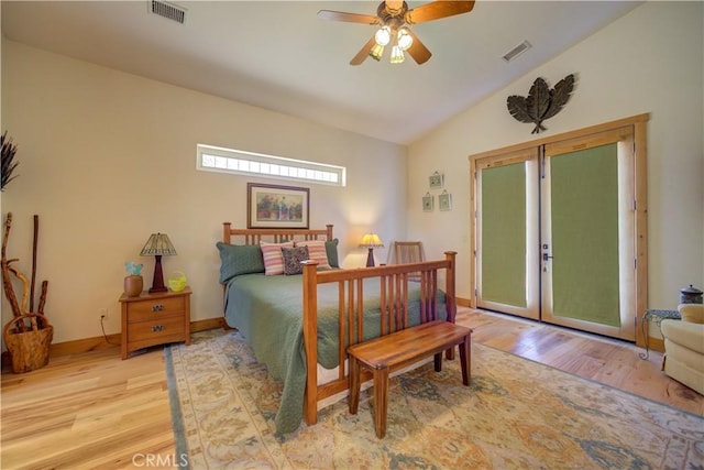 670 Highland Hills Rd, Nipomo, CA 93444 - bedroom with vaulted ceiling, light wood-style floors, access to exterior, and a ceiling fan