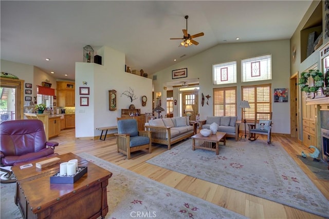 670 Highland Hills Rd, Nipomo, CA 93444 - living area featuring a ceiling fan, light wood-type flooring, high vaulted ceiling, and recessed lighting