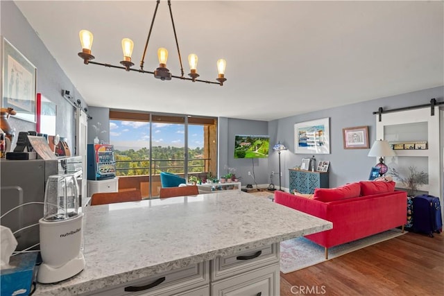 24055 W Paseo Del Lago Unit 962, Laguna Woods, CA 92637 - kitchen featuring open floor plan, wood finished floors, light stone counters, a chandelier, and a barn door
