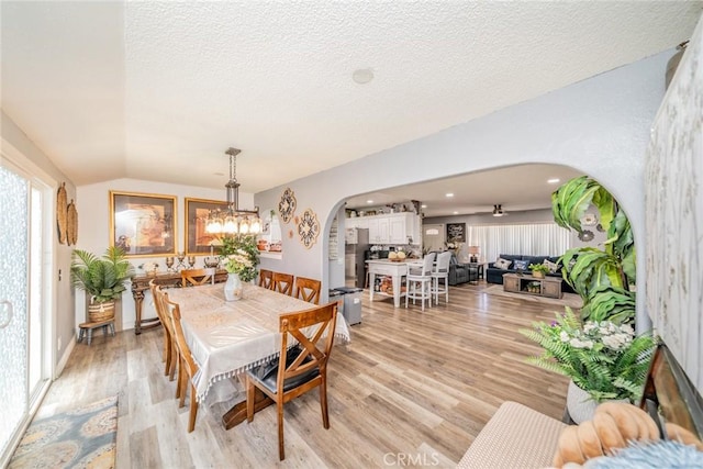1181 W Westmont Ave, Hemet, CA 92543 - dining room with arched walkways, vaulted ceiling, light wood-style floors, a textured ceiling, and plenty of natural light