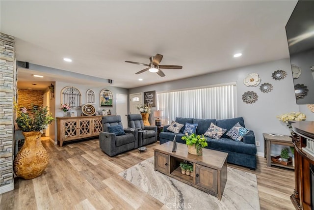 1181 W Westmont Ave, Hemet, CA 92543 - living room featuring a ceiling fan, light wood finished floors, and recessed lighting