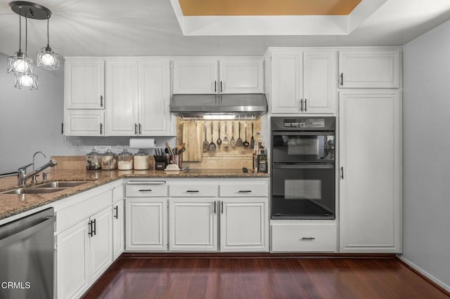 4804 La Villa Marina Unit J, Marina Del Rey, CA 90292 - kitchen with dishwasher, under cabinet range hood, dark stone countertops, white cabinets, and dark wood-style flooring