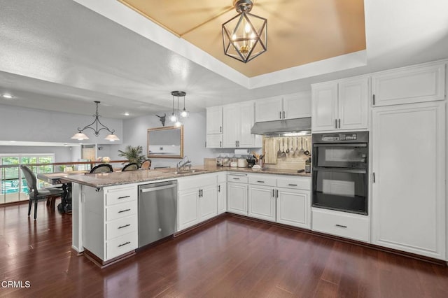 4804 La Villa Marina Unit J, Marina Del Rey, CA 90292 - kitchen with stainless steel dishwasher, a tray ceiling, a peninsula, a chandelier, and dark wood-style flooring