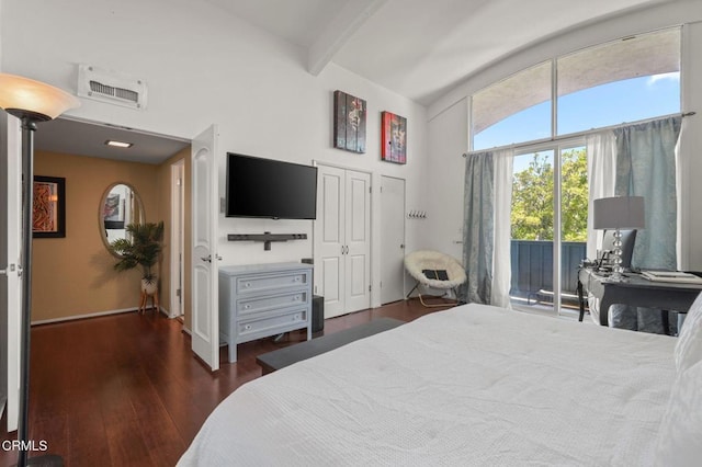4804 La Villa Marina Unit J, Marina Del Rey, CA 90292 - bedroom with access to outside, beam ceiling, wood finished floors, a closet, and a high ceiling