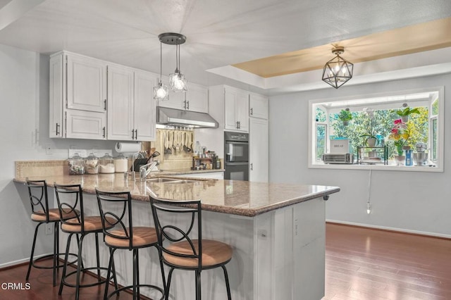 4804 La Villa Marina Unit J, Marina Del Rey, CA 90292 - kitchen with under cabinet range hood, a peninsula, light stone countertops, a breakfast bar, and dark wood-style flooring