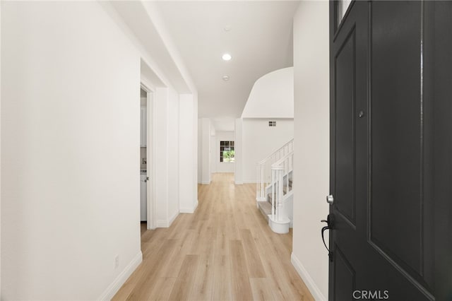 3959 Grandview Dr, Brea, CA 92823 - hall with light wood-style flooring, stairs, and recessed lighting