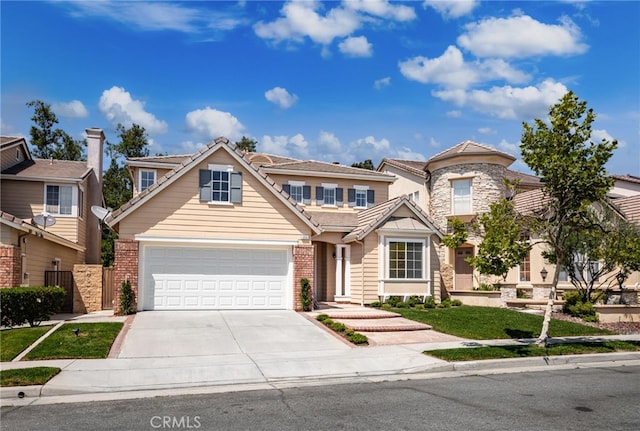 3959 Grandview Dr, Brea, CA 92823 - view of front of house featuring driveway, an attached garage, a tiled roof, and brick siding
