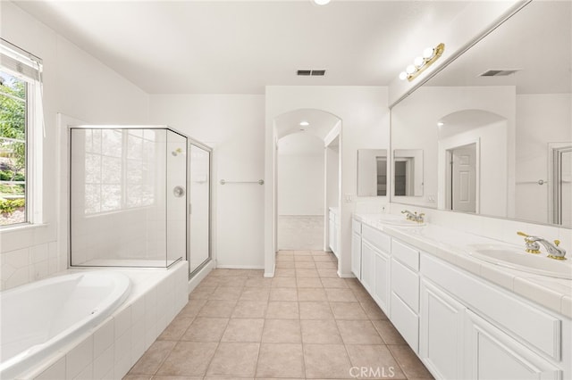 3959 Grandview Dr, Brea, CA 92823 - full bath with double vanity, a garden tub, a stall shower, and tile patterned floors