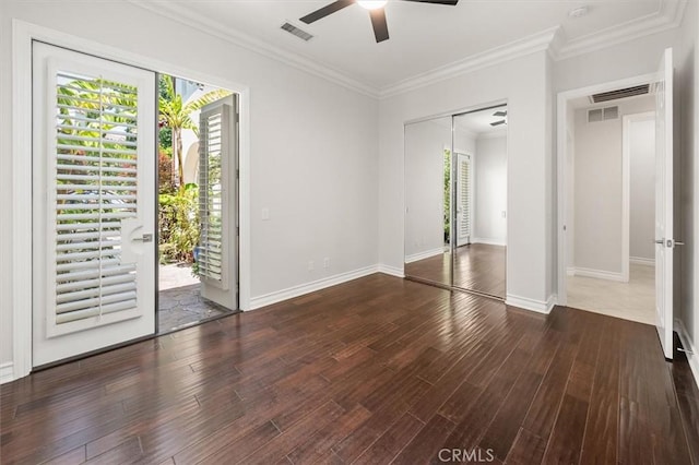 24711 Tiburon St, Valencia, CA 91355 - unfurnished bedroom with access to outside, wood finished floors, ornamental molding, a closet, and ceiling fan