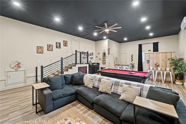 310 Teakwood Dr, Big Bear Lake, CA 92315 - rec room with pool table, light wood-style flooring, a ceiling fan, and recessed lighting