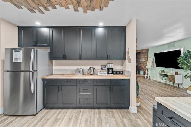 310 Teakwood Dr, Big Bear Lake, CA 92315 - kitchen with freestanding refrigerator, light wood-style floors, recessed lighting, and butcher block countertops