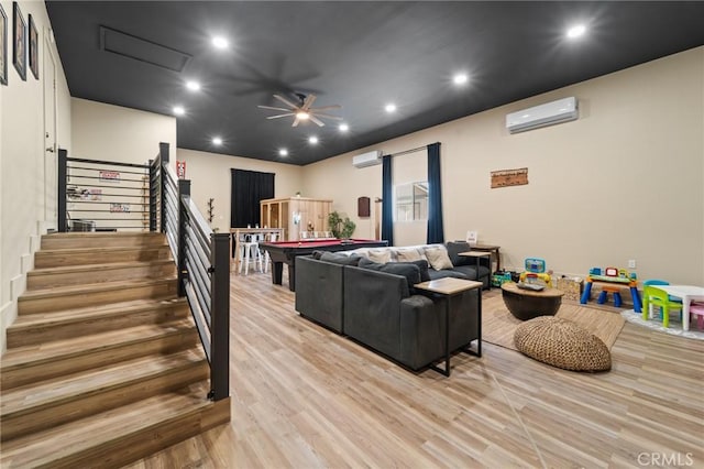 310 Teakwood Dr, Big Bear Lake, CA 92315 - game room with a wall mounted air conditioner, light wood-style floors, recessed lighting, a ceiling fan, and pool table