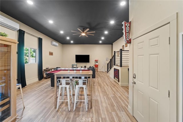310 Teakwood Dr, Big Bear Lake, CA 92315 - rec room featuring an AC wall unit, light wood-style floors, ceiling fan, and recessed lighting