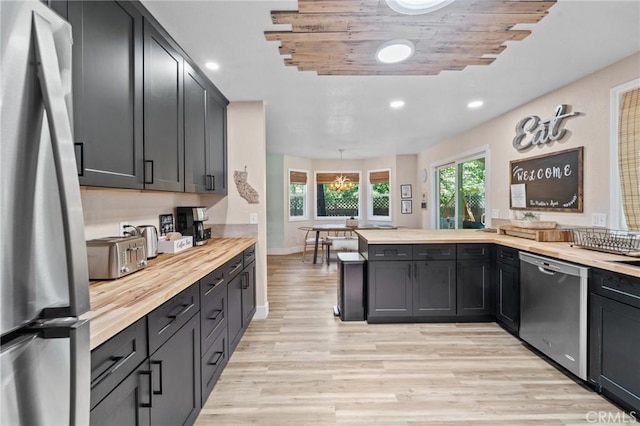 310 Teakwood Dr, Big Bear Lake, CA 92315 - kitchen with stainless steel appliances, butcher block counters, light wood-style floors, a peninsula, and recessed lighting