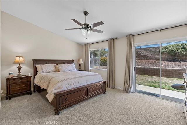 4817 Claybrook Ct, Santa Maria, CA 93455 - bedroom with access to exterior, light carpet, vaulted ceiling, and ceiling fan