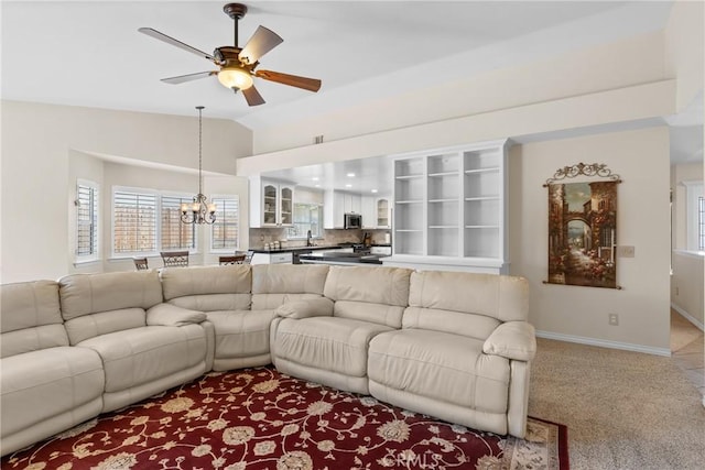 4817 Claybrook Ct, Santa Maria, CA 93455 - living room with a chandelier, ceiling fan, vaulted ceiling, and carpet flooring