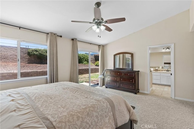 4817 Claybrook Ct, Santa Maria, CA 93455 - bedroom featuring access to exterior, light carpet, vaulted ceiling, ensuite bathroom, and ceiling fan
