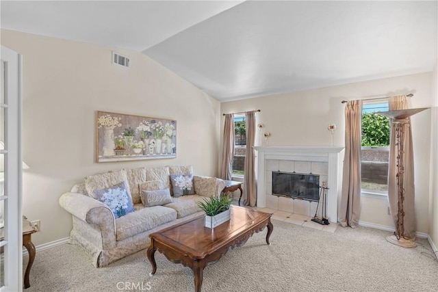4817 Claybrook Ct, Santa Maria, CA 93455 - living area with carpet, vaulted ceiling, and a tiled fireplace