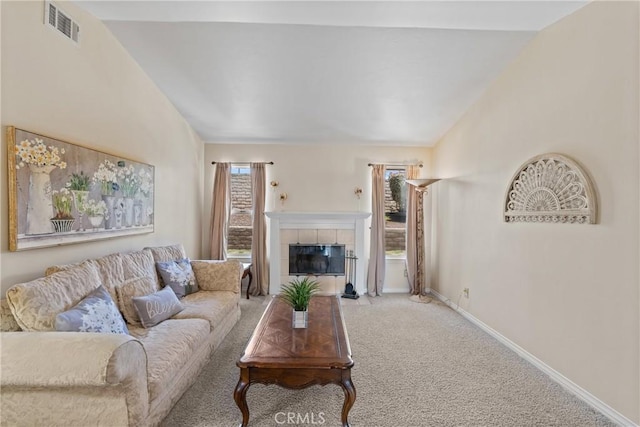 4817 Claybrook Ct, Santa Maria, CA 93455 - living area featuring lofted ceiling, carpet flooring, and a fireplace