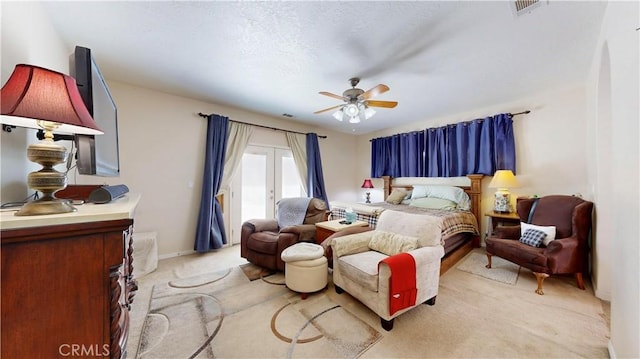 12443 Bannock Dr, Apple Valley, CA 92308 - bedroom featuring access to exterior, light carpet, and ceiling fan