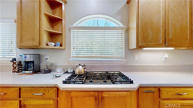 12443 Bannock Dr, Apple Valley, CA 92308 - kitchen featuring black gas cooktop, light countertops, and open shelves