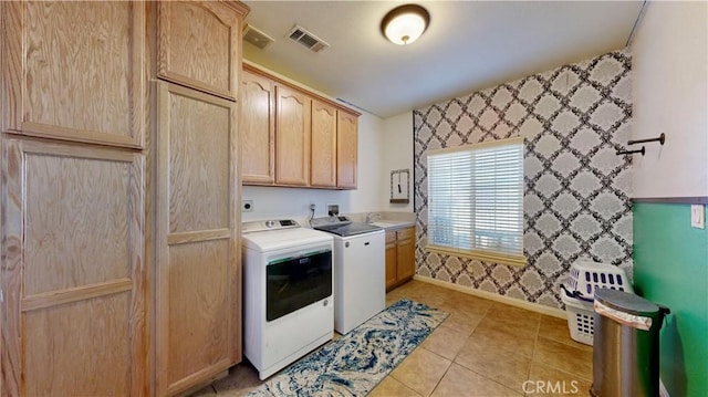 12443 Bannock Dr, Apple Valley, CA 92308 - laundry room with cabinet space, independent washer and dryer, light tile patterned floors, and wallpapered walls