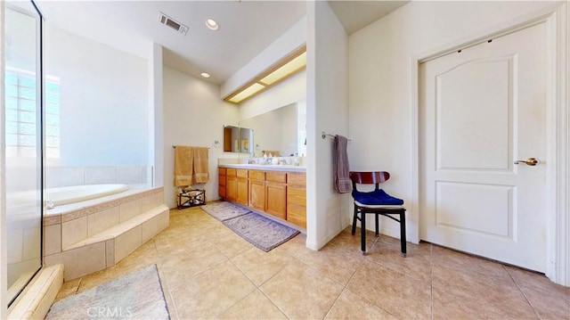 12443 Bannock Dr, Apple Valley, CA 92308 - bathroom featuring vanity, a garden tub, tile patterned flooring, and recessed lighting