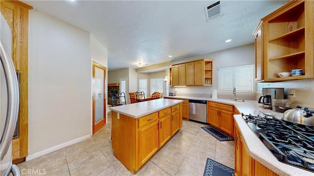 12443 Bannock Dr, Apple Valley, CA 92308 - kitchen featuring open shelves, dishwasher, gas stovetop, plenty of natural light, and recessed lighting