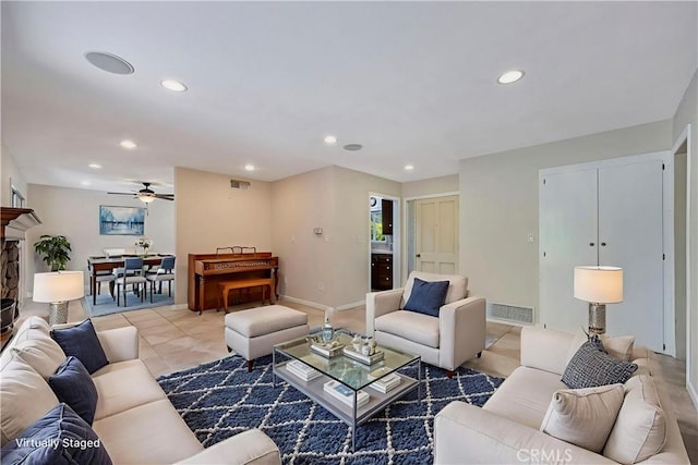5347 E Bergh Dr, Anaheim Hills, CA 92807 - living room with recessed lighting, light tile patterned floors, and a ceiling fan