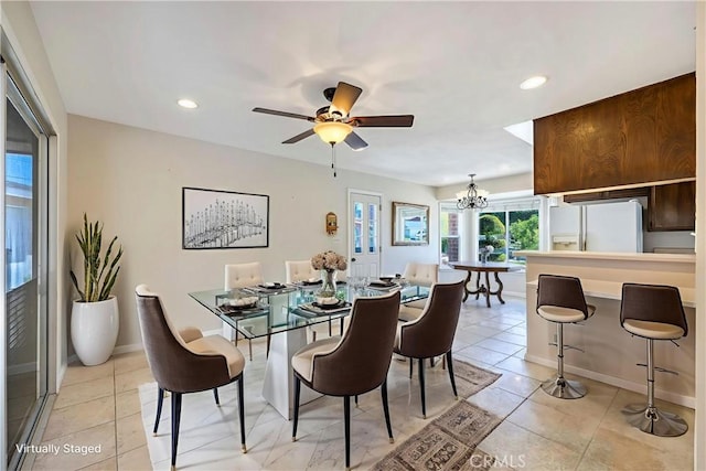 5347 E Bergh Dr, Anaheim Hills, CA 92807 - dining area with a chandelier, recessed lighting, light tile patterned floors, and ceiling fan