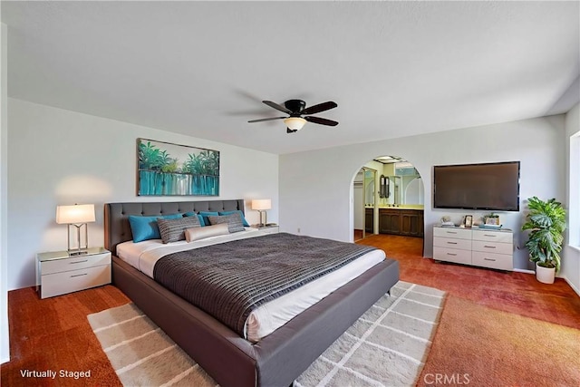 5347 E Bergh Dr, Anaheim Hills, CA 92807 - bedroom featuring carpet, arched walkways, and ceiling fan