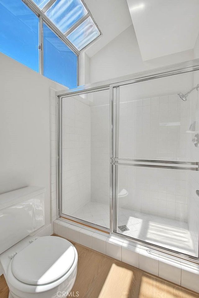 2914 Crape Myrtle Cir, Chino Hills, CA 91709 - bathroom featuring a stall shower and lofted ceiling