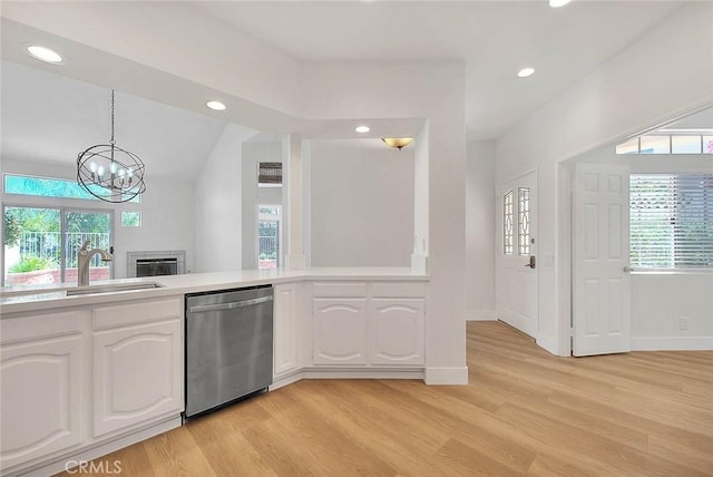 2914 Crape Myrtle Cir, Chino Hills, CA 91709 - kitchen with stainless steel dishwasher, recessed lighting, light wood-type flooring, a chandelier, and light countertops
