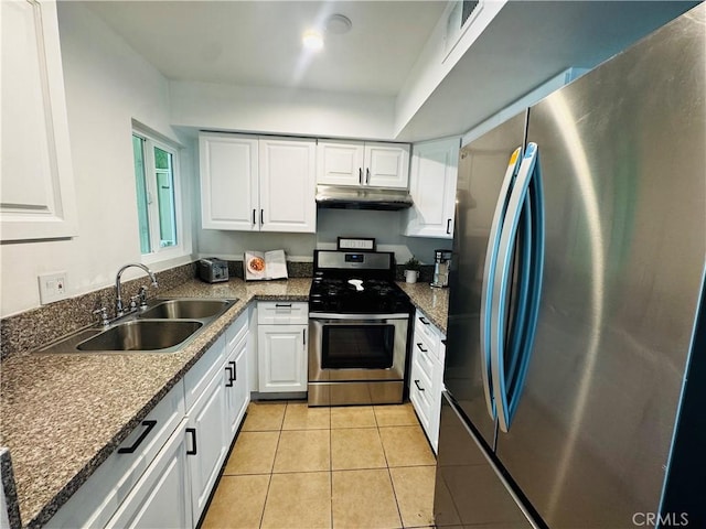 6155 Reseda Unit 4, Tarzana, CA 91335 - kitchen with appliances with stainless steel finishes, under cabinet range hood, white cabinetry, dark countertops, and light tile patterned flooring