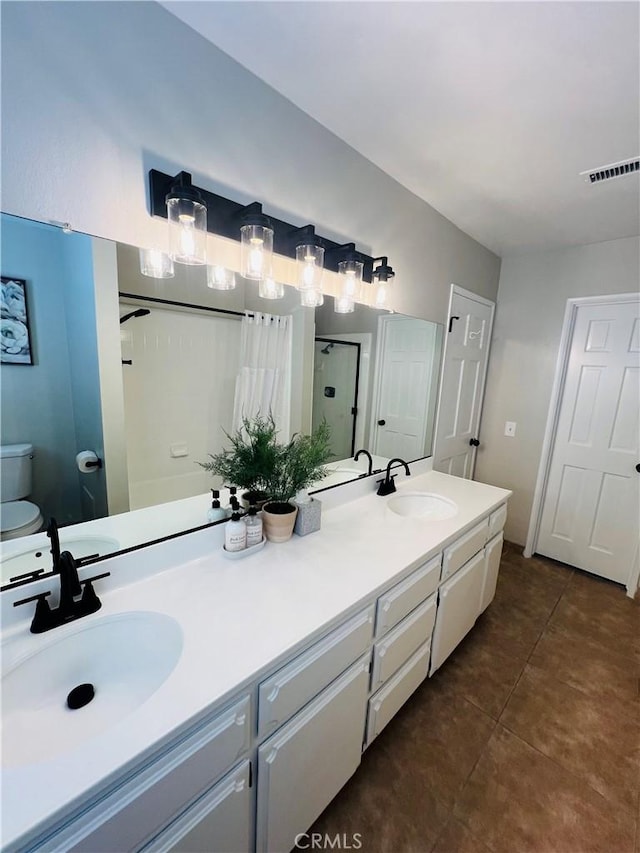 13330 Tamarisk Rd, Victorville, CA 92395 - full bathroom with curtained shower, double vanity, and tile patterned flooring