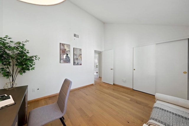 4205 Caminito Pintoresco, San Diego, CA 92108 - office area featuring light wood-style flooring and high vaulted ceiling
