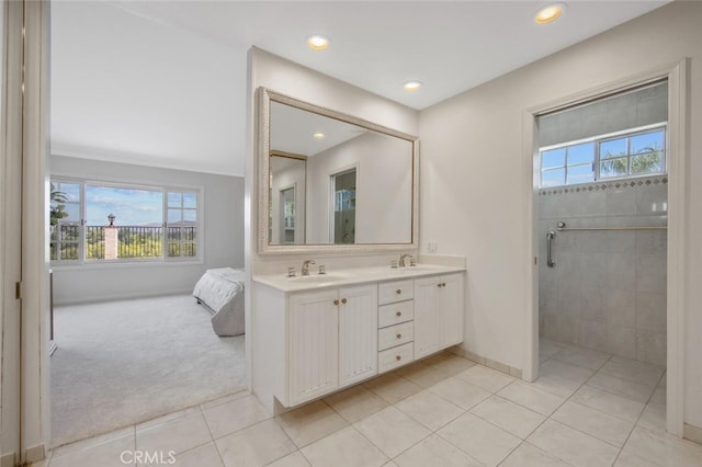 2039 Channelford Rd, Westlake Village, CA 91361 - full bath featuring double vanity, tile patterned flooring, tiled shower, and recessed lighting