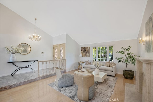 2039 Channelford Rd, Westlake Village, CA 91361 - living room with wood finished floors, a chandelier, high vaulted ceiling, and crown molding