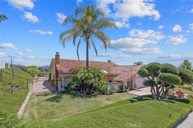 2039 Channelford Rd, Westlake Village, CA 91361 - view of front of house featuring a tile roof, a gate, stucco siding, a chimney, and a garage