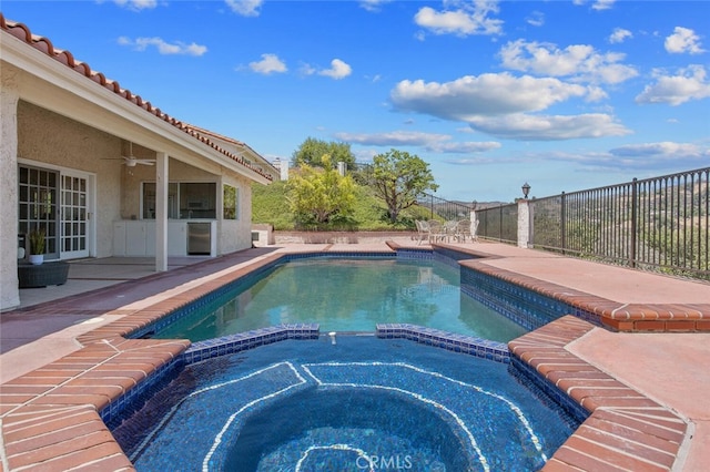 2039 Channelford Rd, Westlake Village, CA 91361 - view of pool with a pool with connected hot tub, a ceiling fan, and a patio area