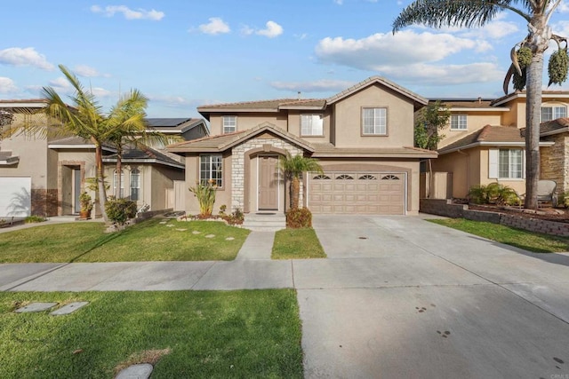 1347 Vallejo Mills St, Chula Vista, CA 91913 - view of front of home featuring stucco siding, stone siding, driveway, an attached garage, and a front yard