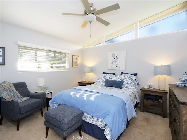 3530 Spearing Ave, San Pedro, CA 90732 - bedroom with light colored carpet, lofted ceiling, and a ceiling fan