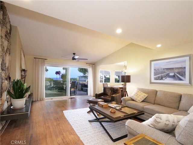3530 Spearing Ave, San Pedro, CA 90732 - living area featuring wood finished floors, vaulted ceiling, ceiling fan, and recessed lighting
