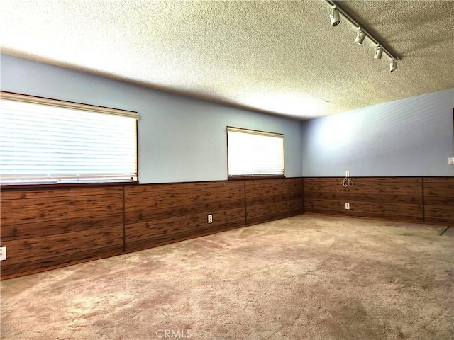 16708 Lawnwood St, La Puente, CA 91744 - unfurnished room featuring a wainscoted wall, wood walls, a textured ceiling, and carpet floors