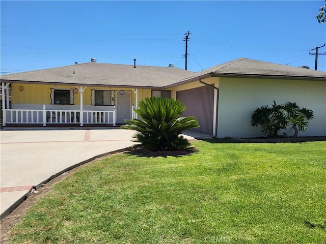 16708 Lawnwood St, La Puente, CA 91744 - single story home featuring covered porch, a front yard, a garage, stucco siding, and roof with shingles