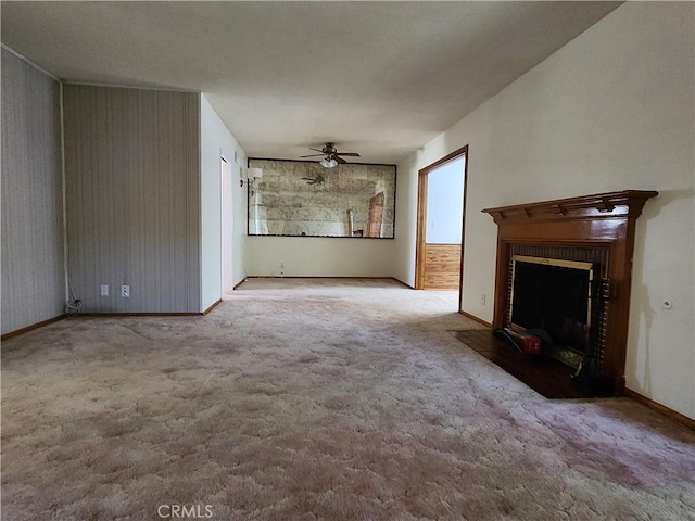 16708 Lawnwood St, La Puente, CA 91744 - unfurnished living room featuring carpet flooring, a ceiling fan, and a fireplace with flush hearth