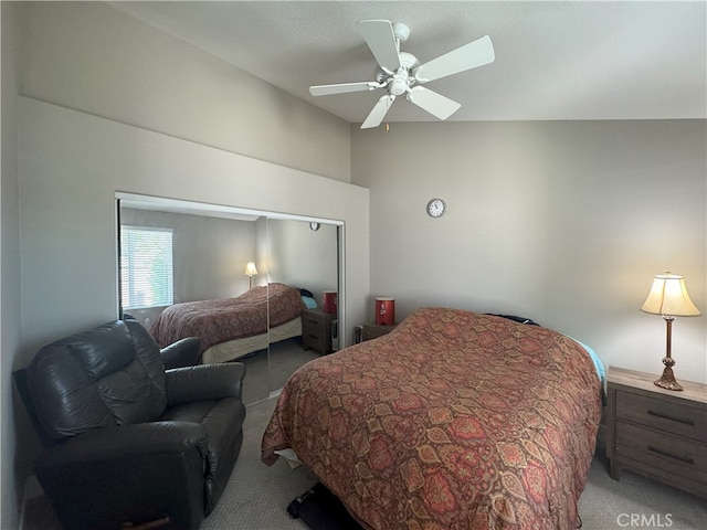 896 Poppyseed Way, Hemet, CA 92545 - bedroom featuring light colored carpet, lofted ceiling, a closet, and a ceiling fan