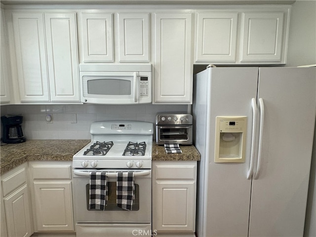 896 Poppyseed Way, Hemet, CA 92545 - kitchen featuring white appliances, white cabinets, decorative backsplash, and dark countertops