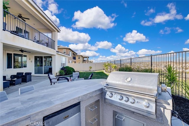 35212 Smith Ave, Beaumont, CA 92223 - patio / terrace featuring a fenced backyard, outdoor lounge area, exterior kitchen, a ceiling fan, and a patio