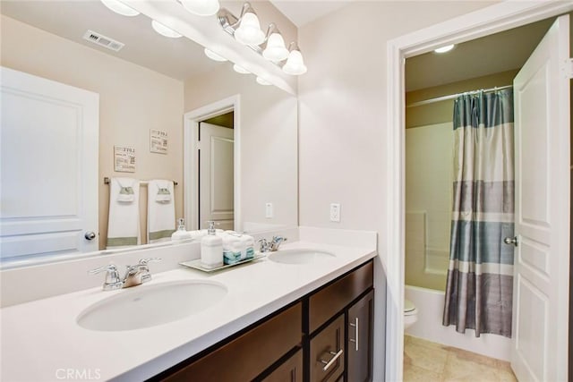 35212 Smith Ave, Beaumont, CA 92223 - full bath with double vanity, shower / bath combination with curtain, and tile patterned flooring